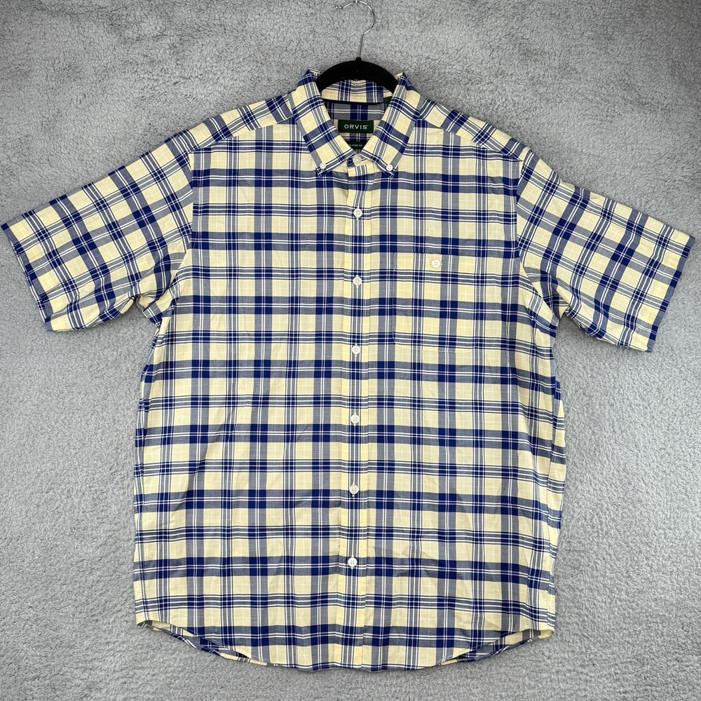 Orvis Shirt Men's Large Button Down Tartan Plaid Classic Fit Yellow Blue Pocket